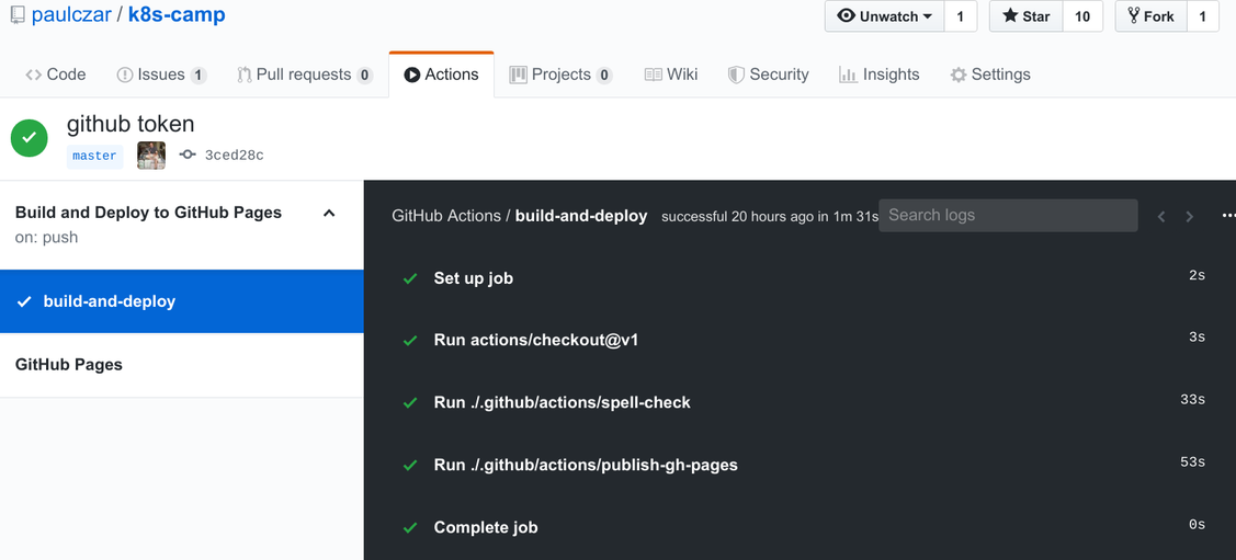 screenshot of github actions