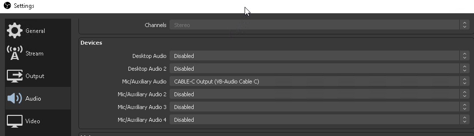 screenshot of OBS audio settings